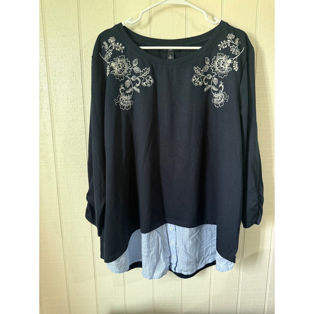 I.N. Studio Woman Navy Blue Embroidered Layered Look Top 3X Floral Mixed Media